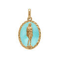 Pendentif plaqu&eacute; or ovale marie madeleine 18mm x 13mm sur fond r&eacute;sine bleu ciel Artemare