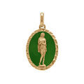 Pendentif en plaqu&eacute; or ovale marie madeleine 18mm x 13mm sur fond r&eacute;sine vert prairie