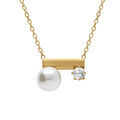 Collier en acier dor&eacute; barrette avec perle imitation blanche et oxyde blan c- 40+5cm
