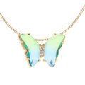 Collier en vermeil papillon 20x15mm verre d&eacute;grad&eacute; bleu vert et orn&eacute; d'oxydes blancs sertis - 42+3cm