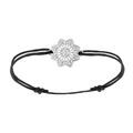 Bracelet en argent rhodi&eacute; cordon coulissant noir avec motif fleur ajour&eacute;e orn&eacute;e d'oxydes blancs sertis