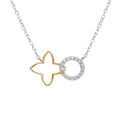 Collier en argent bicolore fleur decoup&eacute;e lisse et cercle avec oxydes blancs sertis - 40+4cm