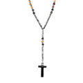 Collier en acier chapelet boules claires, croix 27mm x 15mm PVD noir sans fermoir - 70cm