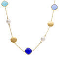 Colliers sur Artemare : Collier en acier dor&eacute; avec perle blanche imitation et pierres bleues effet oeil de chat - 40+5cm