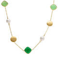 Collier en acier dor&eacute; avec perle blanche imitation et pierres vertes effet oeil de chat - 40+5cm