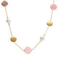 Collier en acier dor&eacute; avec perle blanche imitation et pierres roses effet oeil de chat - 40+5cm