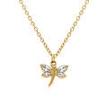 Collier en acier dor&eacute; libellule avec oxydes blancs - 40+5cm