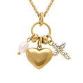 Collier acier dor&eacute; pendentif coeur, croix par&eacute;e d'oxydes blancs et goutte blanche - 40+5cm Artemare