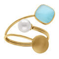Bague en acier dor&eacute; pastille lisse un carr&eacute; oeil de chat imitation bleu et perle blanche imitation - r&eacute;glable
