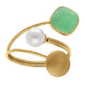 Bagues sur Artemare : Bague en acier dor&eacute; pastille lisse un carr&eacute; oeil de chat imitation vert et perle blanche imitation - r&eacute;glable