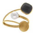 Bagues sur Artemare : Bague en acier dor&eacute; pastille lisse un carr&eacute; oeil de chat imitation noir et perle blanche imitation - r&eacute;glable