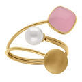 Bagues sur Artemare : Bague acier dor&eacute; pastille lisse oeil de chat imitation rose et perle blanche imitation r&eacute;glable