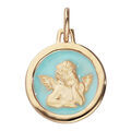 Pendentif en vermeil m&eacute;daille l&eacute;g&egrave;rement ovale Ange sur fond de r&eacute;sine bleu ciel