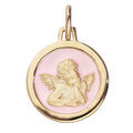 Pendentifs sur Artemare : Pendentif en vermeil m&eacute;daille &eacute;g&egrave;rement ovale Ange sur fond de r&eacute;sine rose pale