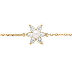 Bracelet en plaqu&eacute; or fleur d'oxydes blancs et perle d'eau douce - 15.5+2.5cm