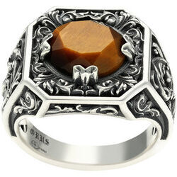 Bijoux Orusbijoux Bague Argent Homme Tr&ocirc;ne Du Roi Pierre ?il De Tigre Marron